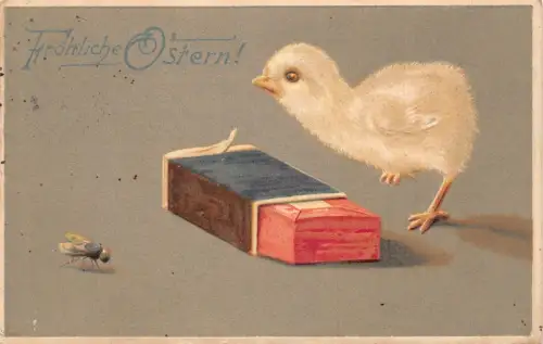 L404 Ostergrüße Küken Streichholzschachtel Fliege geprägt Vintage Postkarte