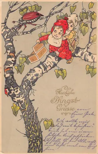 L404 Pfingstgrüße 1920 Kinder Kakerlake Maikäfer Vintage Postkarte