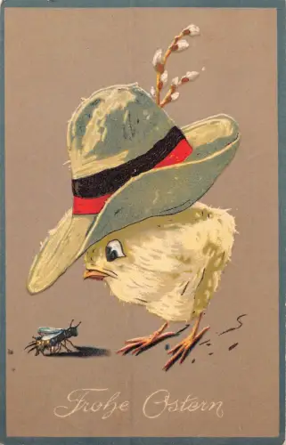 L404 Ostergrüße vermenschlichtes Küken ausgefallener Hut Fliege Insekt Vintage Postkarte