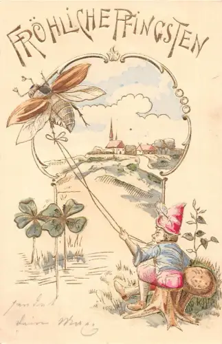 L404 Pfingstgrüße 1904 Zwergdrachen Kakerlake Maikäfer Kleeblatt Luc Postkarte