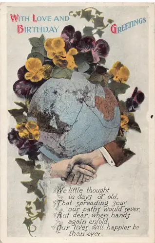 A057 Geburtstagsgrüße Stiefmütterchen Blumen Erde Kugel Händeschütteln Postkarte