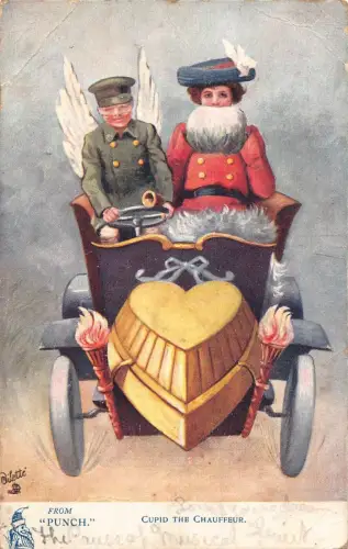 A057 Künstlerkarte 1906 Amor der Chauffeur Herz Auto Paar fährt Postkarte