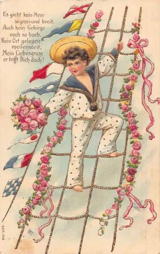 L404 Geburtstagsgrüße 1909 Junge Matrose Blumen Rosen geprägt Vintage Postkarte