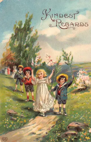 A057 Mit freundlichen Grüßen Grüße Kinder auf Feld halten Blüte Baum Zweig Postkarte