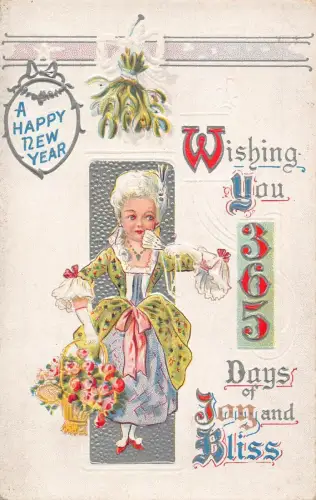 A057 Neujahrsgrüße Mistel 365 Tage Frau Blumenstrauß Prägung Postkarte