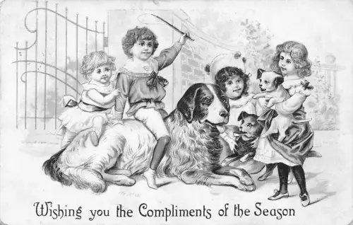 A057 Season Greetings Kinder Mädchen Jungen große und kleine Hunde Vintage Postkarte