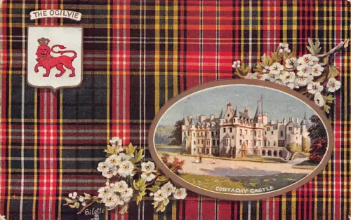 A056 Schottland The Ogilvie Clan Blossom Zweig Cortachy Castle Vintage Postkarte