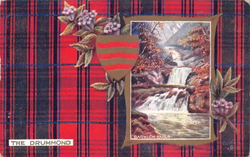 A056 The Drummond Clan Tartan Coat of Arms Flowers Barwick Falls Postkarte