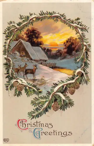 A055 Weihnachtsgrüße Tannenzapfen Rahmen Landschaft Schnee Rehe Postkarte