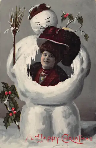 A055 Weihnachten Schneemann hält Besen Mistelzweig Portrait Frau Hut Postkarte