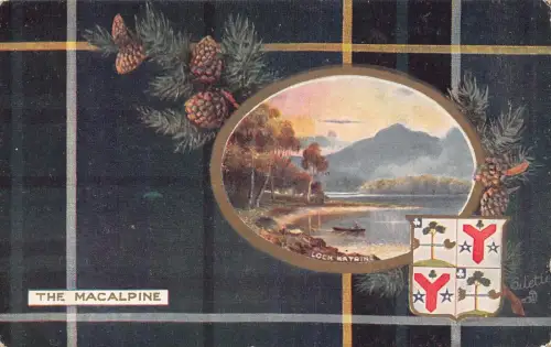 A056 Postkarte The Macalpine Clan Tartan Coat Arms Pine Cone Branch Loch Katrine