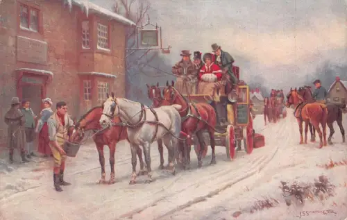 A057 Gemälde Die letzte Etappe signiert John Sanderson-Wells Pferdekutsche Postkarte