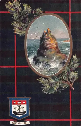 A056 Der Clan Gunn Tartan Kiefernzweig Wappen Klippenlandschaft Postkarte