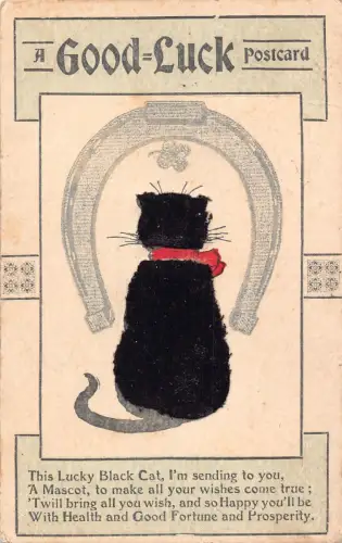 A057 Viel Glück 1910 Schwarze Katze aus Samt, Hufeisen Kleeblatt Gedicht Postkarte