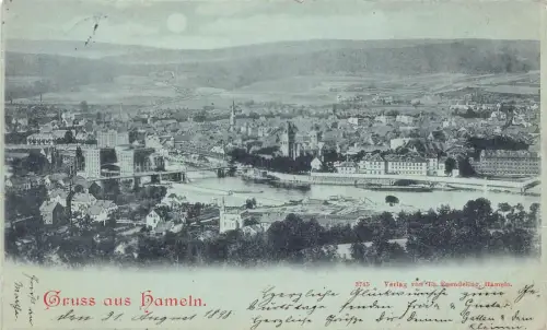 L310 Deutschland 1898 Gruss aus Hameln Panoramablick Mondschein Vintage Postkarte