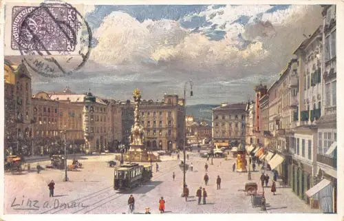 L146 Österreich 1921 Linz am Donau Franz Josef Platz Statue Straßenbahn Vintage Postkarte