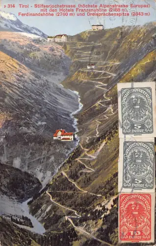 L145 Österreich 1920 Tirol Stifserjochstraße Straße Flusshotels Vintage Postkarte