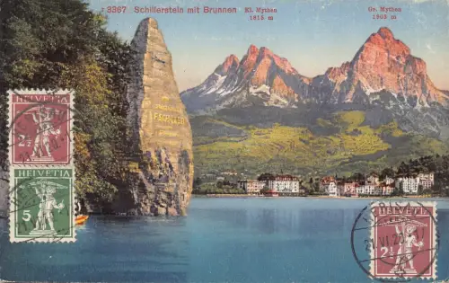 L144 Schweiz 1920 Schillerstein mit Brunnen Bergsee Vintage Postkarte