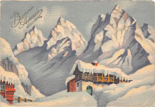 L405 Neujahrsgrüße Berge Hütte verschneite Landschaft Postkarte