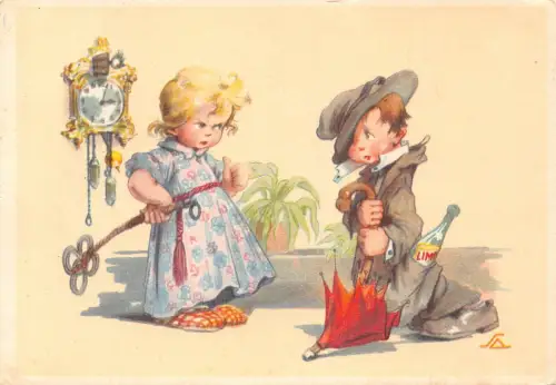 L405 Grüße 1944 Kinder Erwachsene Haltung Regenschirm Uhr Comic signierte Postkarte