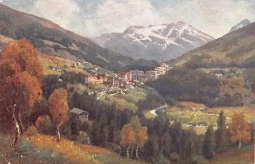 A074 Österreich Badgastein vom Cafe Gamskar Ansicht Gemälde signiert Herbst Postkarte