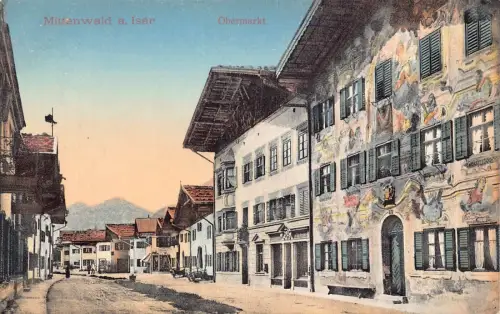 A072 Deutschland Mittenwald A Isar Obermarkt Straßenkarren Oldtimer Postkarte