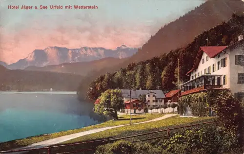 A072 Deutschland Hotel Jaeger am See Urfeld mit Wettersteinsee Vintage Postkarte