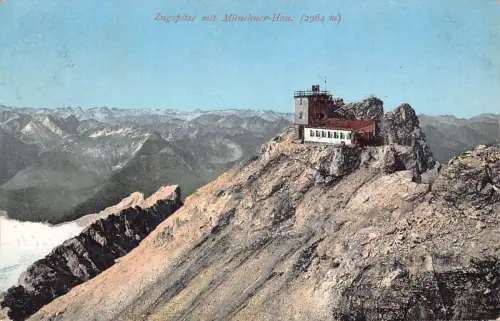 A075 Deutschland 1909 Zugspitze mit Münchner Haus 1964 Haus Vintage Postkarte