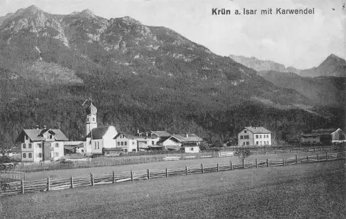 A073 Deutschland Kruen a Isar mit Karwendel Vintage Postkarte