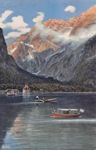 A068 Deutschland Berchtesgaden St Bartholomae Königsee Boote Gemälde Postkarte