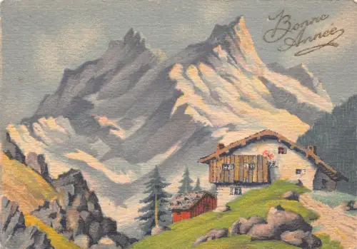 L405 Neujahrsgrüße Berge Hütte Bäume Postkarte