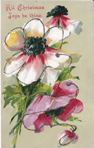A067 Neuheit Weihnachtsgrüße Blumen Glitzer geprägt Vintage Postkarte