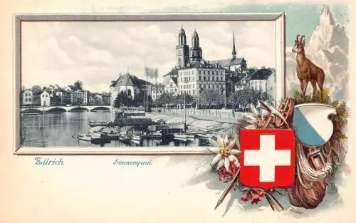 A894 Schweiz Zuerich Kai Wappen Edelweiß geprägte Litho Postkarte