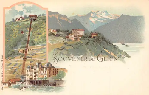 A894 Schweiz Souvenir de Glion Standseilbahn Litho Vintage Postkarte
