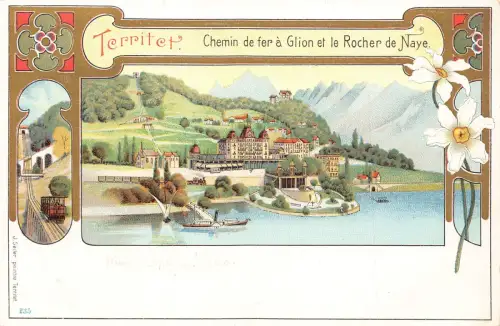 A894 Schweiz Territet Glion et Rocher de Naye Zug Narzissen Litho Postkarte