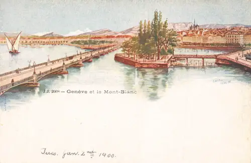 A894 Schweiz Geneve et Mont Blanch Brücke Litho Vintage Postkarte