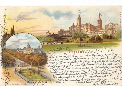 A895 Deutschland Gruss aus Hannover 1897 Technik Schule Gasse Litho Postkarte
