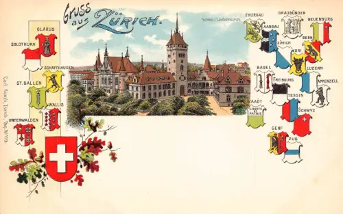 A894 Schweiz Gruss aus Zuerich Wappen Eichelmuseum Litho Postkarte