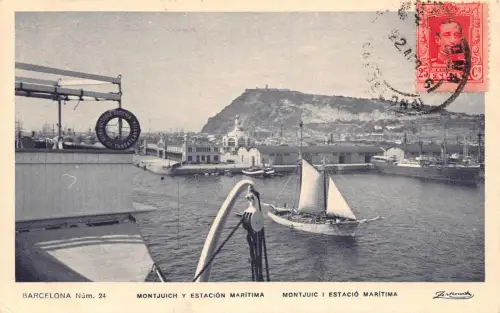 Spanien 1926 Barcelona Montjuich y Estacion Maritima Hafen Boot Vintage Postkarte