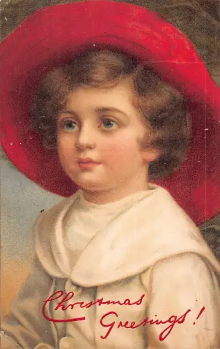 A896 Weihnachtsgrüße süßes kleines Mädchen blaue Augen großer roter Hut Kunst Postkarte