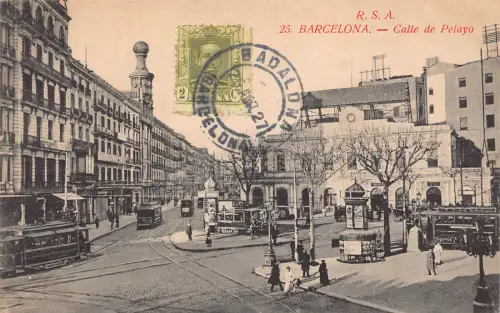 Spanien 1927 Barcelona Calle de Pelayo Straßenbahn Werbesäule Vintage Postkarte