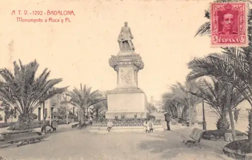 Spanien 1927 Badalona Monumento a Roca Y Pi Statue Vintage Postkarte