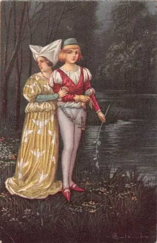 Liebe Romantik Kunst signiert Colombo Mittelalter Paar erschrocken in der Nacht Postkarte B919