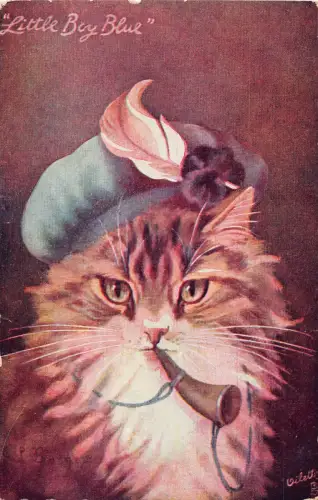 Tiere anthropomorphe Katze kleiner Junge blau Kunst signiert Borges Postkarte B921