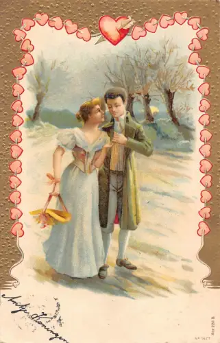 Liebesromantik 1903 Paar im Schnee spazieren Herzen geprägte Postkarte B918