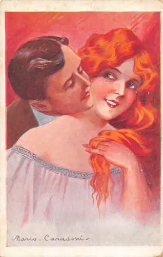 Liebesroman Paar flirtet rothaariges Mädchen Kunst von Maria Carasossi Postkarte B919