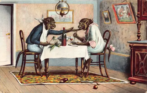 Tiere anthropomorpher Affe beim romantischen Abendessen Wein Postkarte B920