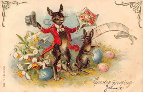 Ostergruß vermenschlichtes Kaninchen Rose Schneeglöckchen Eier geprägt 1906 Postkarte B920