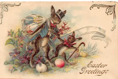 Ostergruß anthropomorphe Hasen Eier Veilchen 1906 Prägepostkarte B920