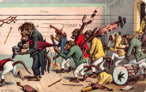 Tiere anthropomorphe Affen Orchester Violine Trommel Flöte 1908 Postkarte B920